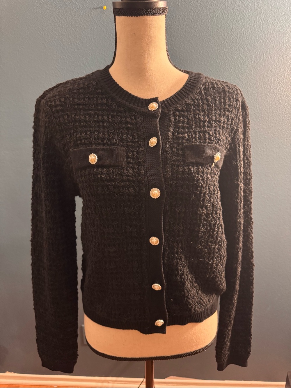Tahari Black Knit Cardigan with Pearl-Style Decorative Button